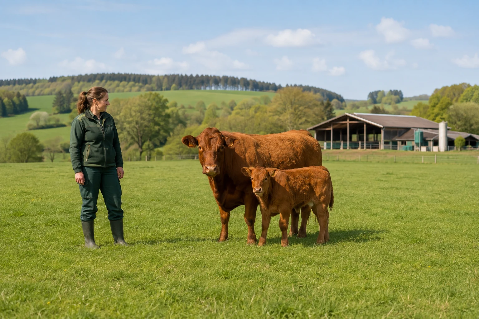 Landwirtin mit Mutterkuh und Kalb auf einer hellen Weide